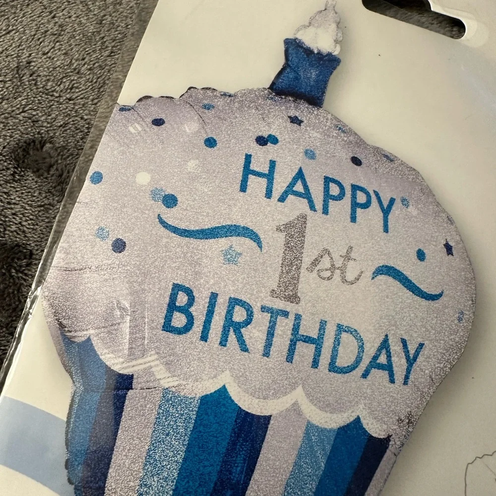 Baby Boy 1st Birthday Party Decorations Balloons Blue White 3D Cupcake Jumbo